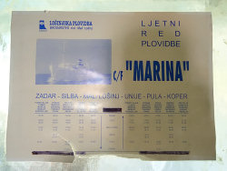 letzter Fahrplan des Motorschiffes Marina, damals von Zadar über Silba, Mali Losinj, Unije, Pula nach Koper