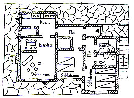 Skizze der Raumaufteilung der Ferienwohnung A in Marascica auf der Insel Cres / Kroatien - Villa Bicikleta 