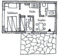 Skizze der Raumaufteilung der Ferienwohnung B in Marascica auf der Insel Cres / Kroatien - Villa Bicikleta 