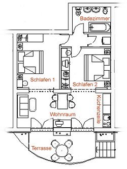 Skizze der Raumaufteilung der Ferienwohnung C in Marascica auf der Insel Cres / Kroatien - Villa Bicikleta 